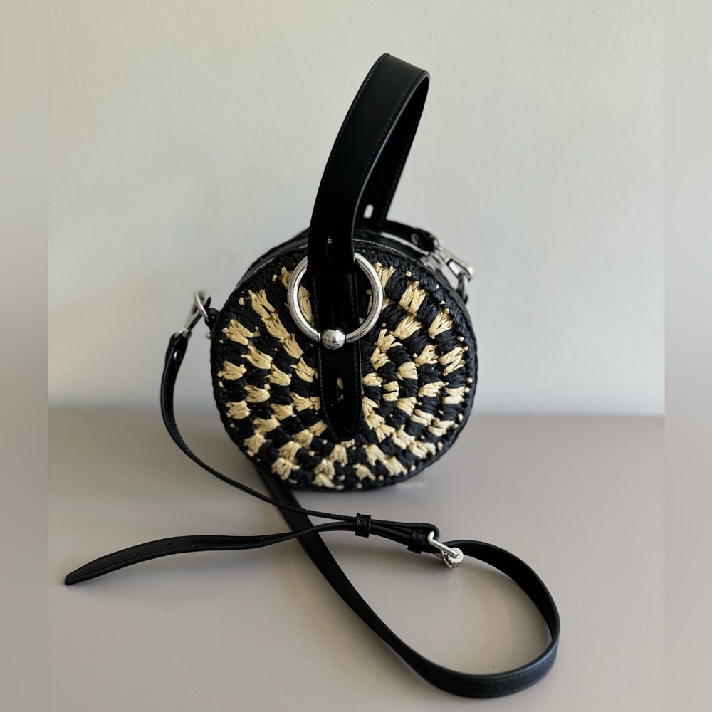 Rebecca Minkoff black and white raffia crossbody bag with removable strap